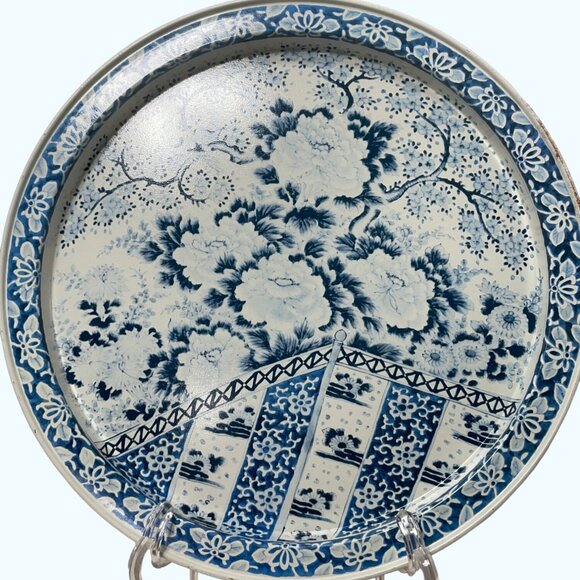 Vintage Ming Dynasty Style Blue & White Chrysanthemum Floral Metal Tray Reproduc - Picture 3 of 4